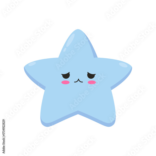 Sad blue star with a kawaii face and blushing cheeks, adorable cartoon character