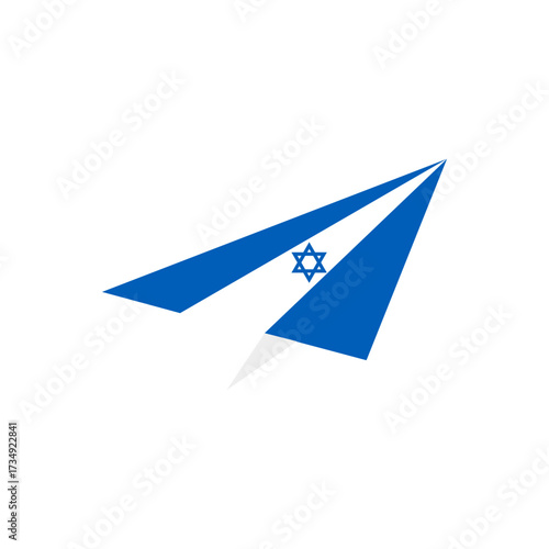 Abstract paper airplane design featuring the vibrant blue and white colors of the Israeli flag, symbolizing flight, journey, and national pride for Israel travel concepts