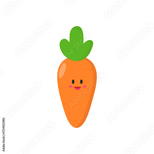Vibrantly colored, happy little orange carrot cartoon drawing, a sweet and cute fruit icon perfect for engaging children's content and healthy food promotions