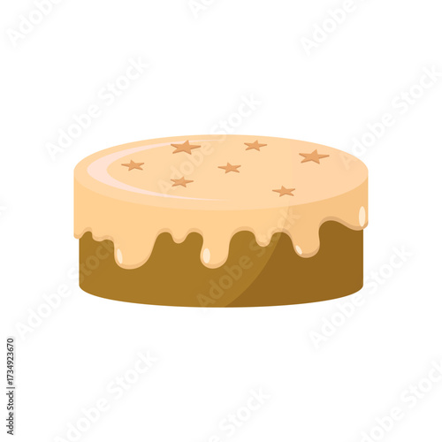 Festive round celebration cake with dripping cream icing and golden star sprinkles, a sweet dessert treat illustration isolated on white