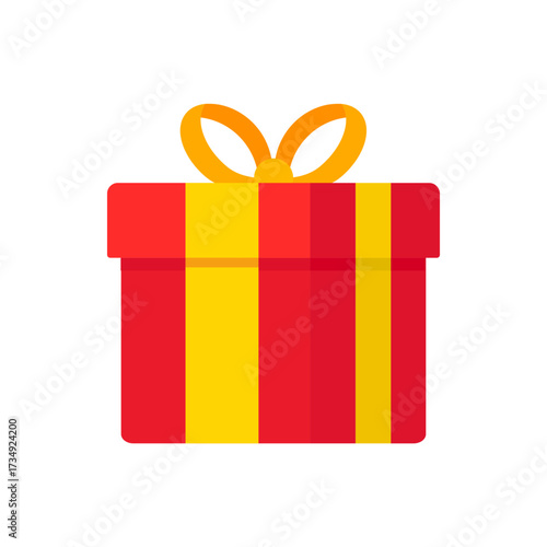 Vibrant birthday box illustration in festive red and yellow stripes, tied with a bright orange bow, perfect for celebrations and gift-giving occasions