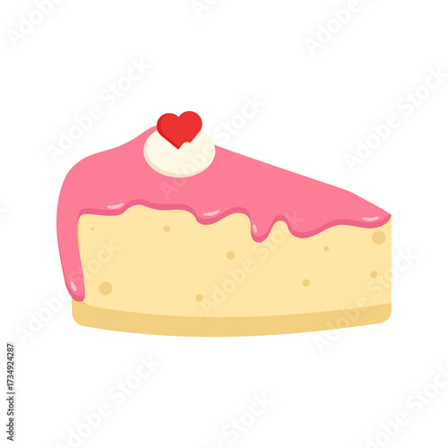 A delightful and vibrant slice of sweet dessert cake, topped with smooth pink icing and a charming red heart, perfect for celebrations and special moments