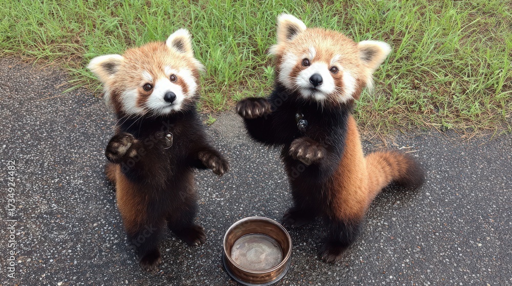 Obraz premium Two red pandas standing upright, paws raised, in front of a small bowl. They are looking directly at the viewer. A grassy area is behind them