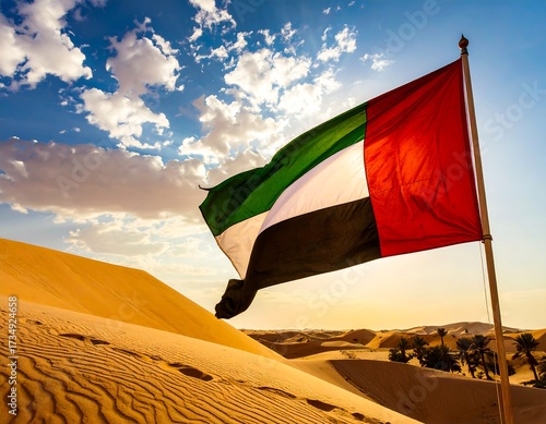 Fototapeta Naklejka Na Ścianę i Meble -  UAE flag waving in desert dunes at sunset
