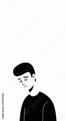 Simple black and white illustration of a sad man with a downcast expression, minimal emotional artwork for mental health, grief, or loneliness themes in modern designs