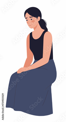 Minimalist illustration of a sad woman sitting with a distressed facial expression, simple emotional vector artwork for mental health awareness, loneliness, or psychological concept designs