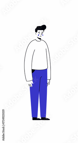 Flat vector illustration of a sad man crying with tears, wearing white shirt and blue pants, modern emotional cartoon design for depression, grief, loneliness, or stress concepts