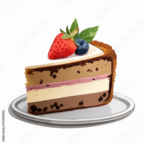 Trifle cake featuring layers of panettone, chocolate, and cream, garnished with fresh strawberries and blueberries, showcasing a delightful hybrid dessert concept for Christmas celebrations