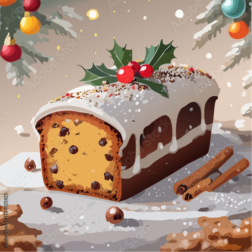 Christmas Loaf cake or "bread" cake decorated with icing, holly, and berries, surrounded by festive ornaments and cinnamon sticks, perfect for holiday celebrations and gatherings
