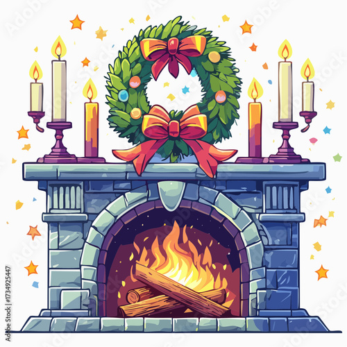 Colorful illustration of a cozy fireplace adorned with a festive Christmas wreath and candles, creating a warm and inviting atmosphere for holiday celebrations and gatherings