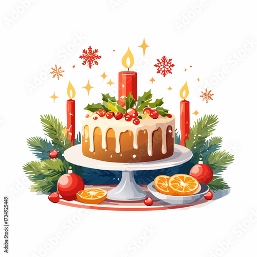 Christmas table featuring a fruitcake centerpiece adorned with candles and ornaments, creating a warm and inviting festive atmosphere for holiday celebrations