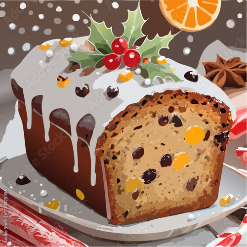 Christmas Loaf cake or "bread" cake decorated with icing, holly, and berries, showcasing a festive dessert perfect for holiday gatherings and easy to slice for sharing