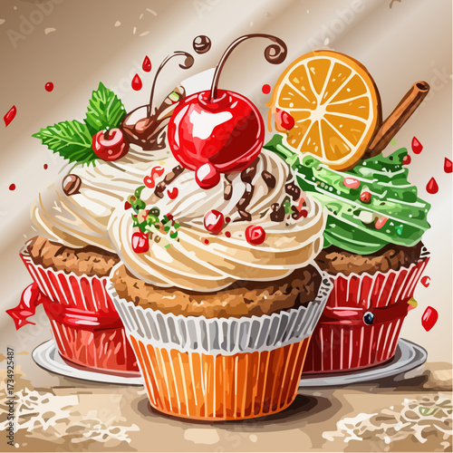 Colorful cupcakes with unexpected decorations featuring citrus, white chocolate, and cherry toppings, showcasing a festive dessert concept for Christmas classics reimagined