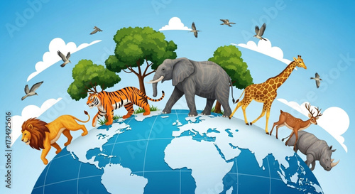 World Wildlife Day Diverse Animals and Lush Vegetation Adorn a Depiction of Earth Illustrating Global Biodiversity and Nature's Harmony