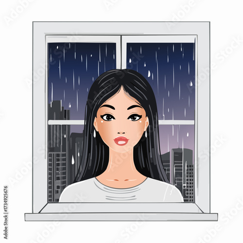 Asian woman with soulful eyes gazes through a rain-soaked window, reflecting autumn blues and feelings of sadness, capturing the essence of melancholy in a cityscape