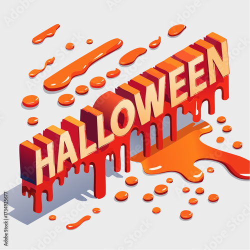 Halloween themed lettering in vibrant orange dripping blood splatter style, featuring bold 3D design with glossy finish, perfect for spooky decorations and festive events