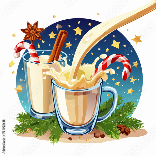 Festive eggnog being poured into glasses with cream splash effect, candy canes, and starry background creating a joyful holiday Christmas atmosphere in a studio setting