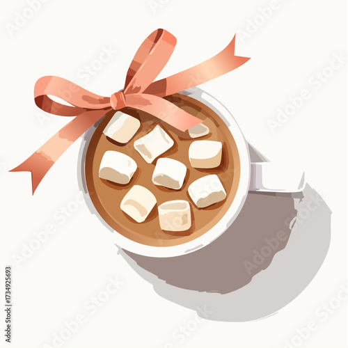 Top view of a cozy cup of hot cocoa with marshmallows and a festive Christmas bow, showcasing warmth and comfort in a delightful illustration with copy space