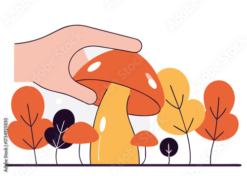Hand picking an elegant boletus mushroom in a vibrant autumn forest filled with colorful trees, capturing the essence of the autumn harvest season and nature's bounty