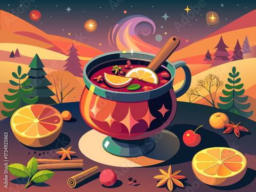 Pot of mulled wine with star anise and citrus slices, surrounded by festive elements, creating a warm and inviting atmosphere for winter Christmas celebrations and gatherings