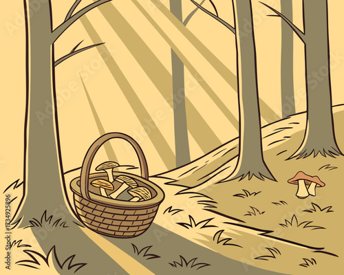 Basket full of chanterelle mushrooms rests on a forest path surrounded by trees, illuminated by soft autumn sunlight, capturing the essence of the autumn harvest season