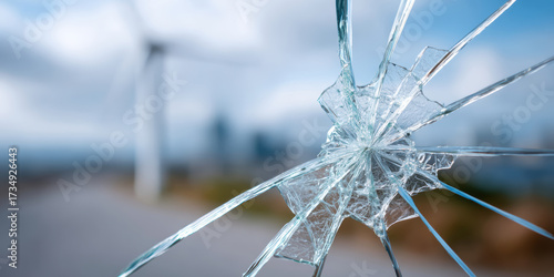 View through broken glass of wind turbine symbolizes struggle with climate change. This shattered perspective reflects urgent need for adaptation to green energy