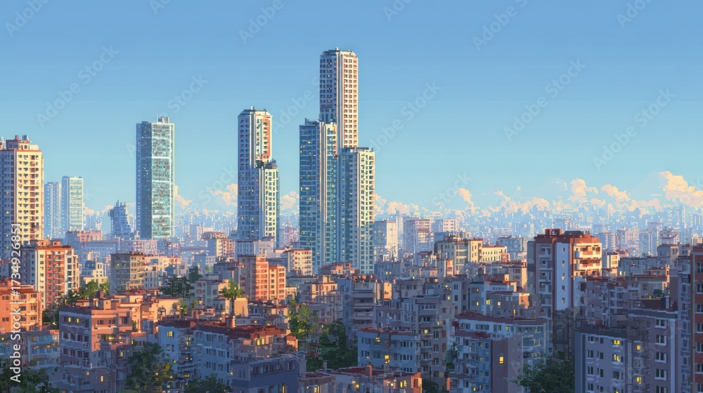 Obraz premium Vibrant cityscape panorama featuring iconic skyscrapers beneath a pastel sky