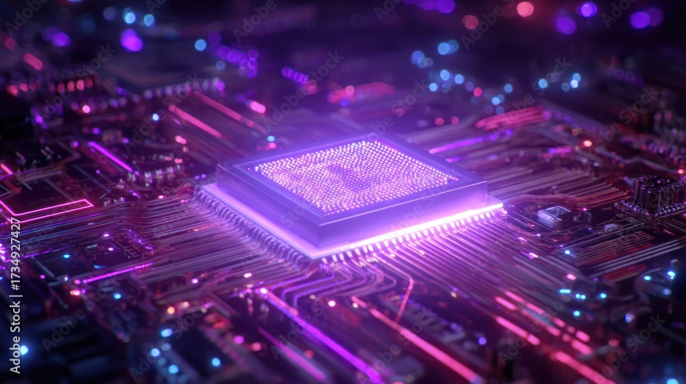 Obraz premium Futuristic computer processor glowing with neon lights technology background