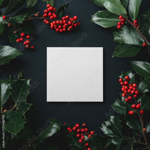 Blank square notecard framed by holly sprigs and berries on dark background