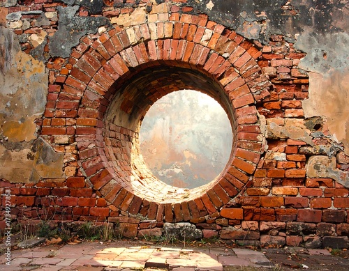 Circular window in a crumbling brick wall
