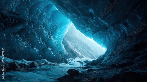 A luminescent ice cave glows with ethereal blue light, revealing an opening to a sunlit exterior
