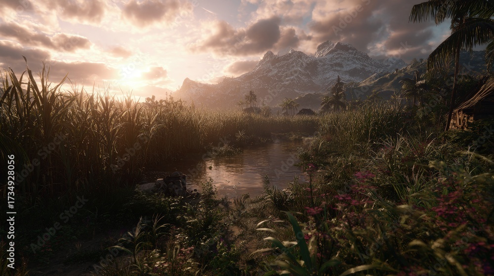 Fototapeta premium Sunset Over A Mountainous River Valley