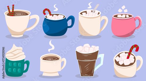  Flat Vector Graphic Illustration of Assorted Coffee Drinks in Various Cups Set Perfect for Sticker and Cozy Winter Elements.