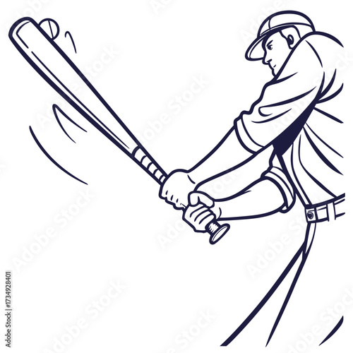 A dynamic line art illustration of a baseball player in mid swing about to hit a ball with a wooden bat capturing the intensity of the game
