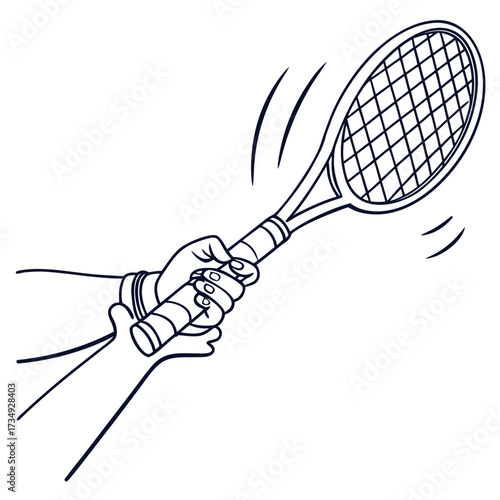 A dynamic illustration of a hand firmly gripping a tennis racket poised to strike the ball with energetic motion lines indicating speed and power during a game