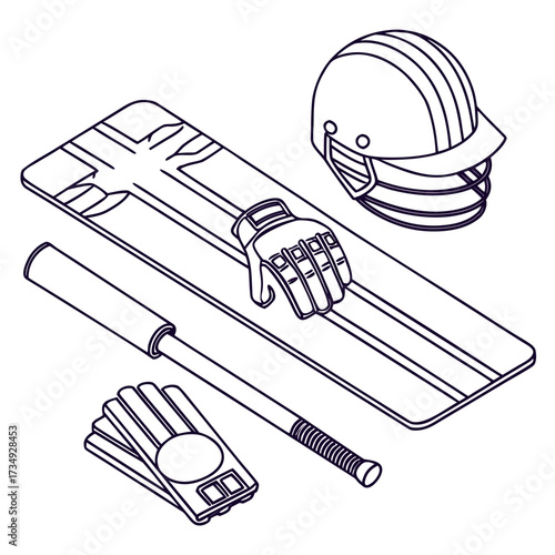 A minimalist isometric line drawing showcases essential cricket equipment including a helmet wicket bat and batting gloves on a white background