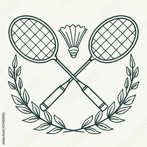A minimalist line art emblem featuring two crossed badminton rackets and a shuttlecock encircled by a laurel wreath symbolizing victory and sport