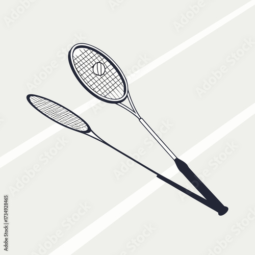 A minimalist vector illustration of two tennis rackets and a tennis ball on a court with white lines rendered in a simple outline style with a dark shadow
