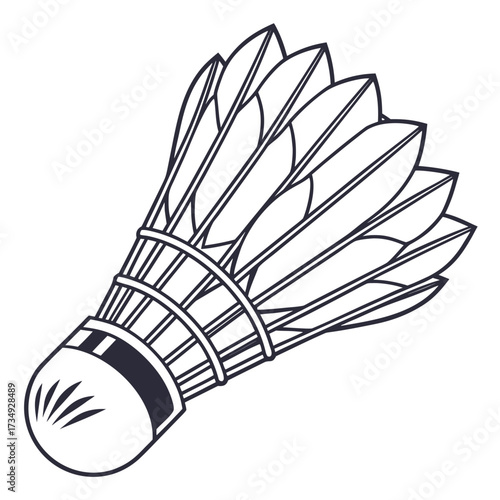 A simple black and white line art illustration of a badminton shuttlecock with its feathers fanned out against a clean white background