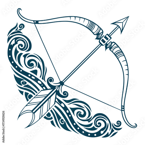 A stylized dark blue tribal design featuring a bow and arrow with intricate swirling patterns and feather accents on a white background
