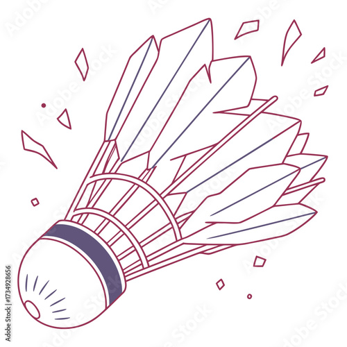 A stylized illustration of a badminton shuttlecock in motion with its feathers breaking apart and scattering into geometric shapes against a white background