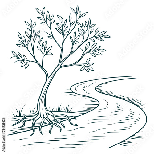 A stylized line art illustration of a solitary tree with exposed roots standing beside a winding river or path on a white background
