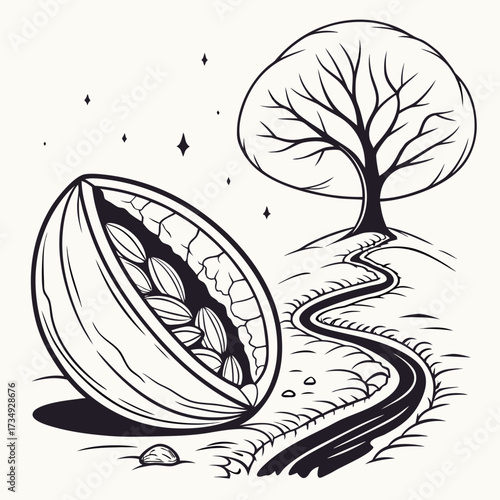 A stylized illustration of a halved cacao pod overflowing with beans sits beside a winding path leading to a bare tree under a starry sky