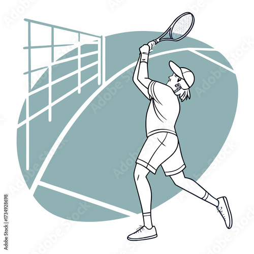 A stylized line drawing of a tennis player in mid swing hitting a powerful serve on a tennis court with a net in the background rendered in a simple graphic art style
