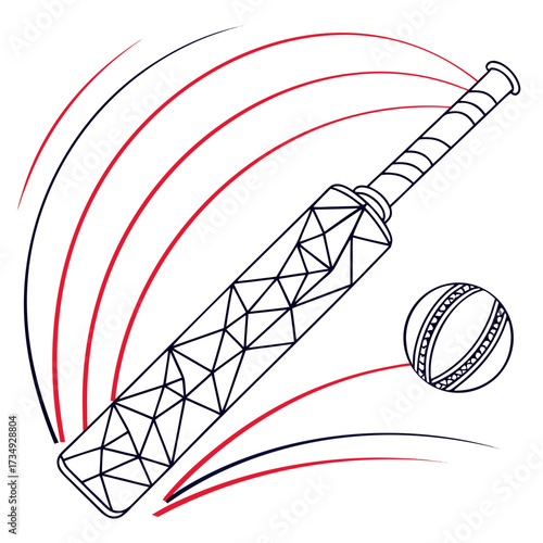Dynamic illustration of a cricket bat and ball with energetic red and blue motion lines suggesting a powerful strike or fast paced game action