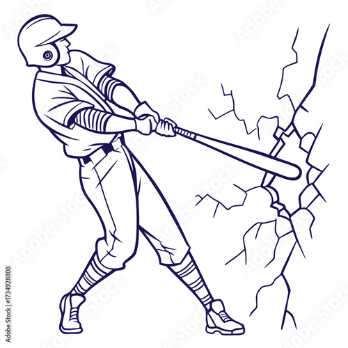 Dynamic illustration of a baseball player in mid swing powerfully hitting a baseball that is breaking through a cracked wall symbolizing strength and determination