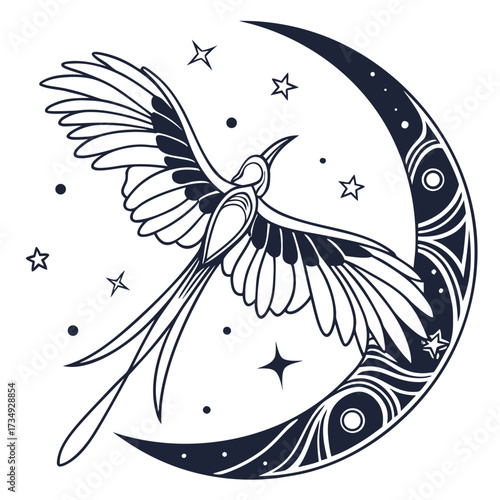 Elegant celestial bird with outstretched wings soaring through a starry night sky against a decorative crescent moon with intricate patterns and cosmic elements