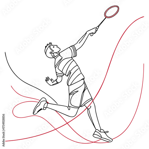 Dynamic single line drawing of a male badminton player in mid jump hitting a shuttlecock with his racket conveying athleticism and action with flowing red lines