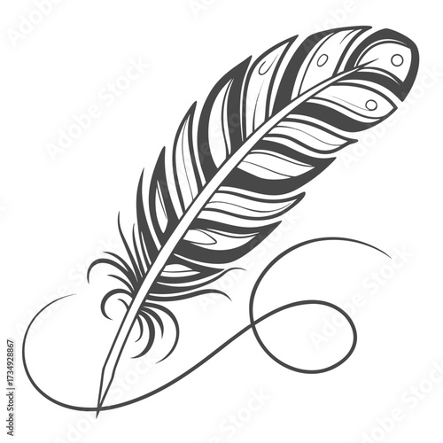 Elegant dark gray quill pen with decorative swirls and flourishes on a clean white background symbolizing writing and creativity