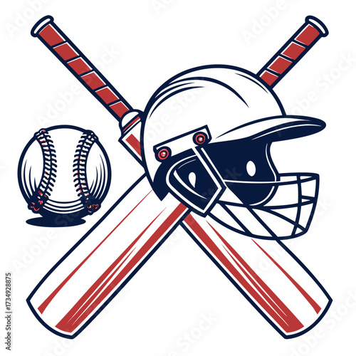 Iconic baseball helmet crossed with bats and a baseball representing the sport of baseball and its equipment